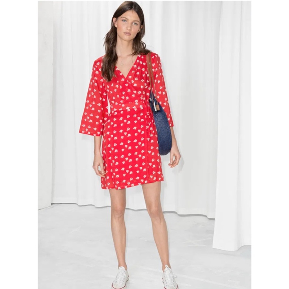 & Other Stories Cherry Print Flare Sleeve Wrap Dress